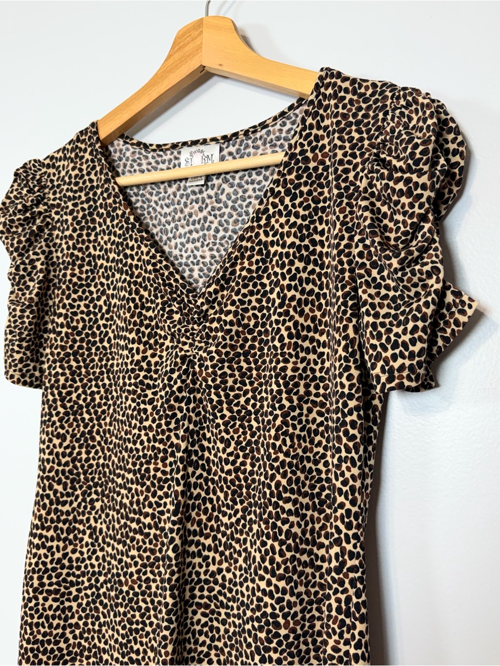 Sweet Storm Y2K Leopard Mini Dress Ruched V Neck Puff Sleeve S - Picture 4 of 10